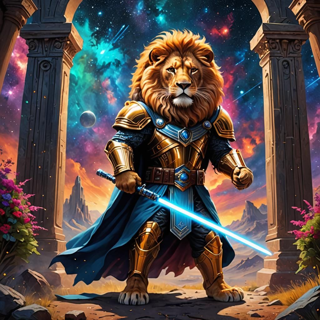 Lion Superhero Guards Cosmic Gate in Digital Oil Painting