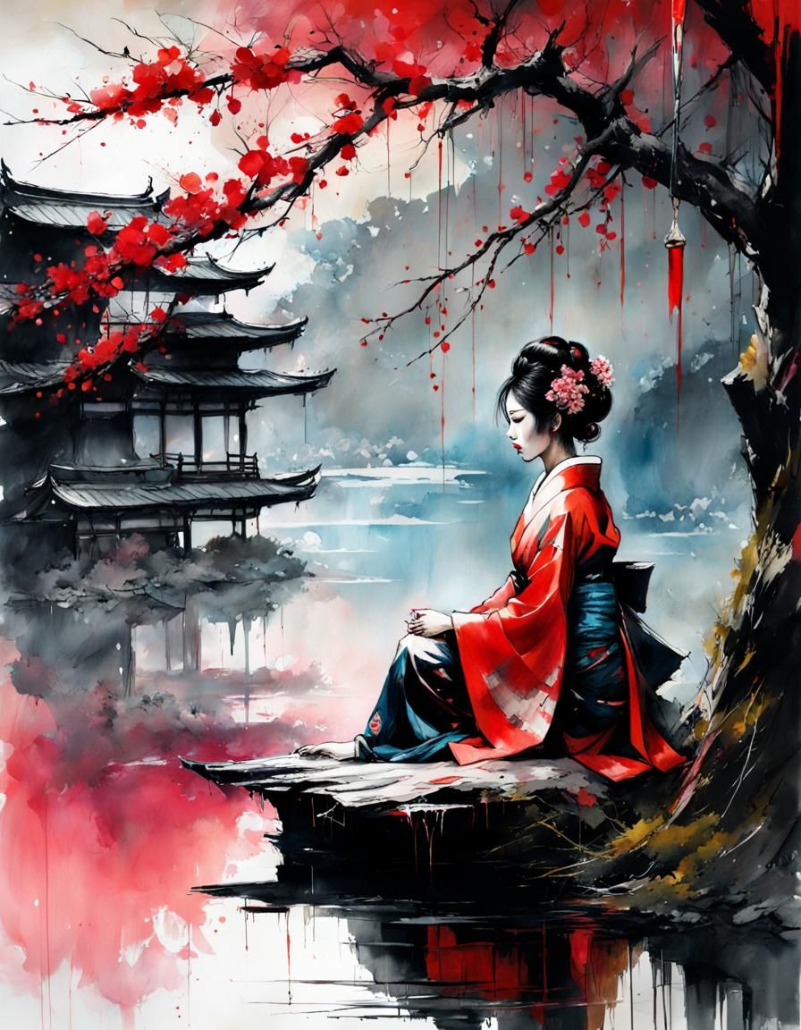 Geisha with Cherry Tree Tattoo, Colored Pencil Drawing