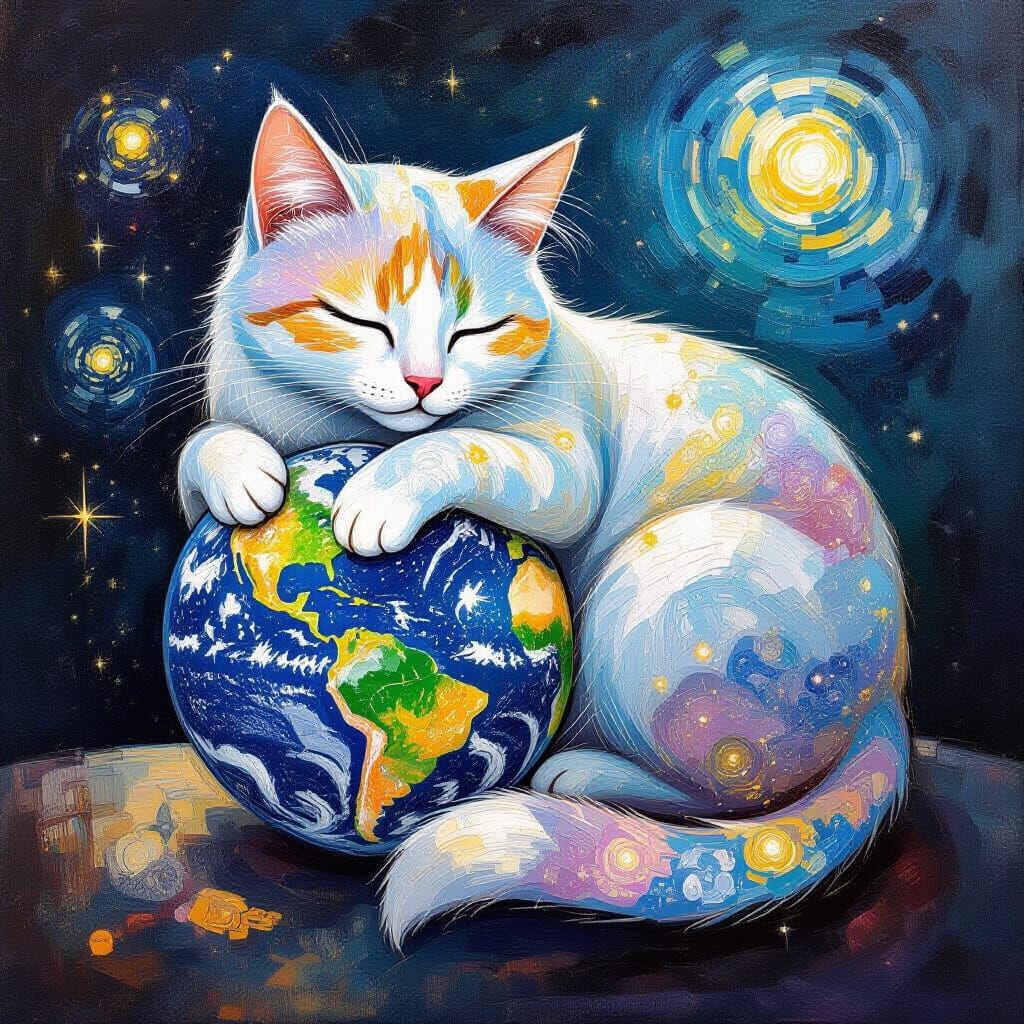 Stardust Cat Guardian of Earth in Neo-Impressionist Style