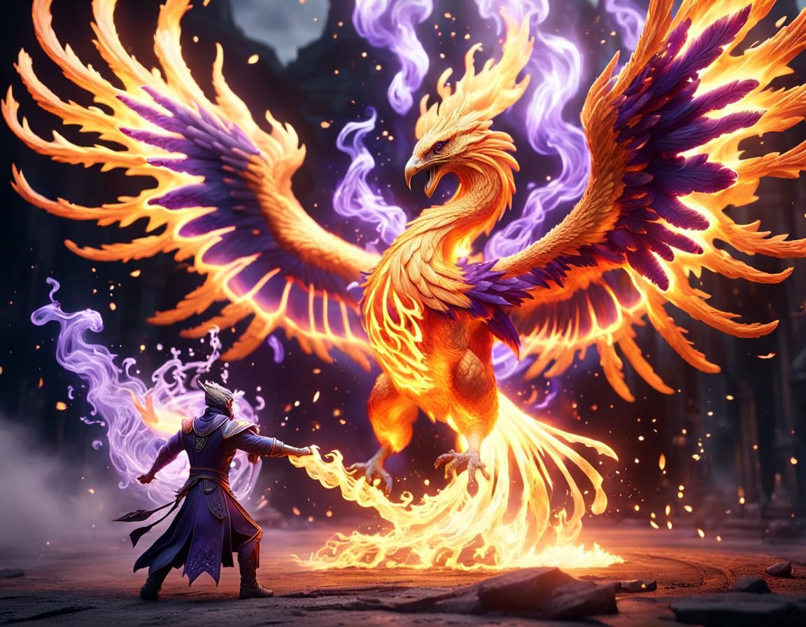 Epic Phoenix vs. Mage Battle in Fiery Digital Art
