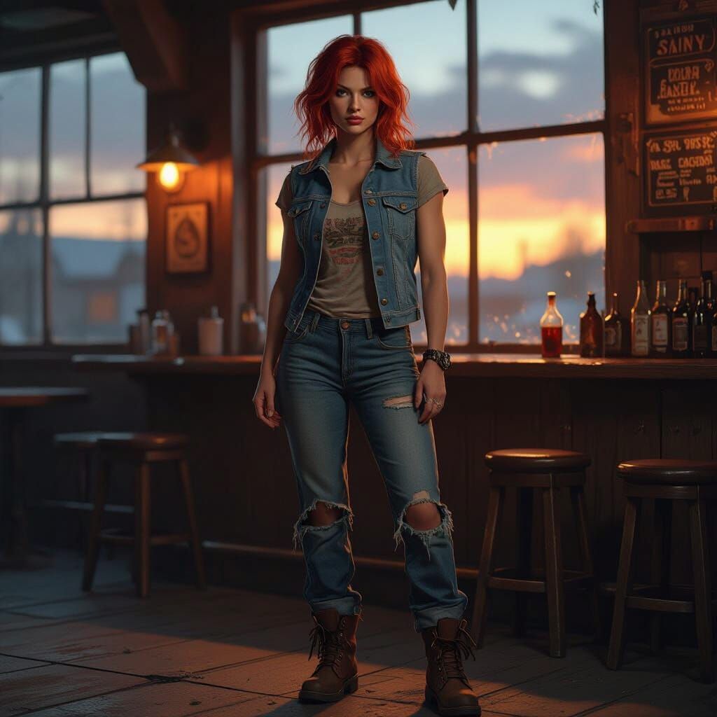 Photorealistic Woman in Rustic Bar at Dusk