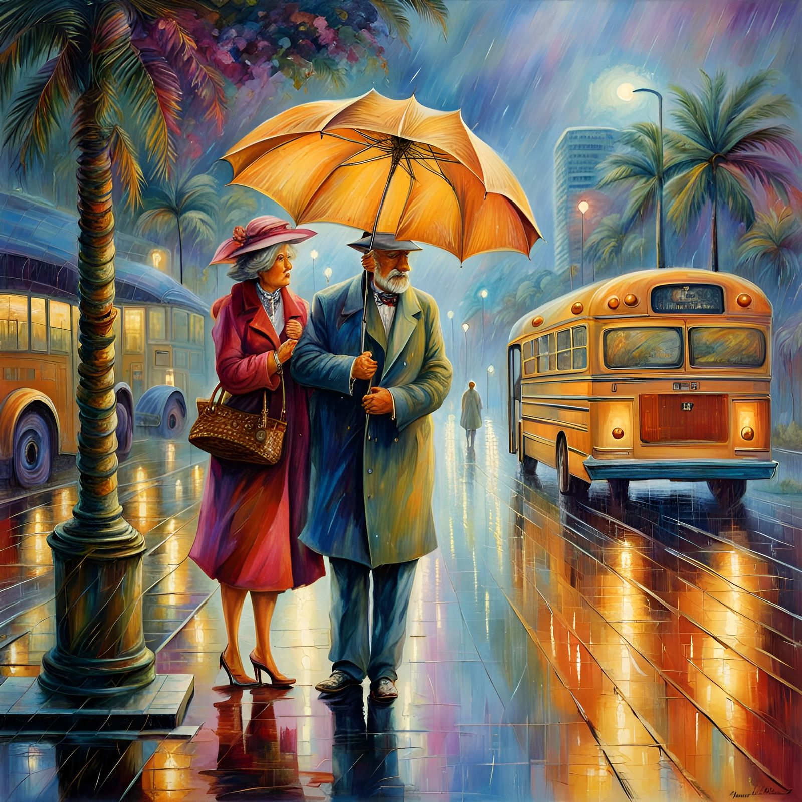 Couple at Rainy Bus Stop in Polychromatic Colors