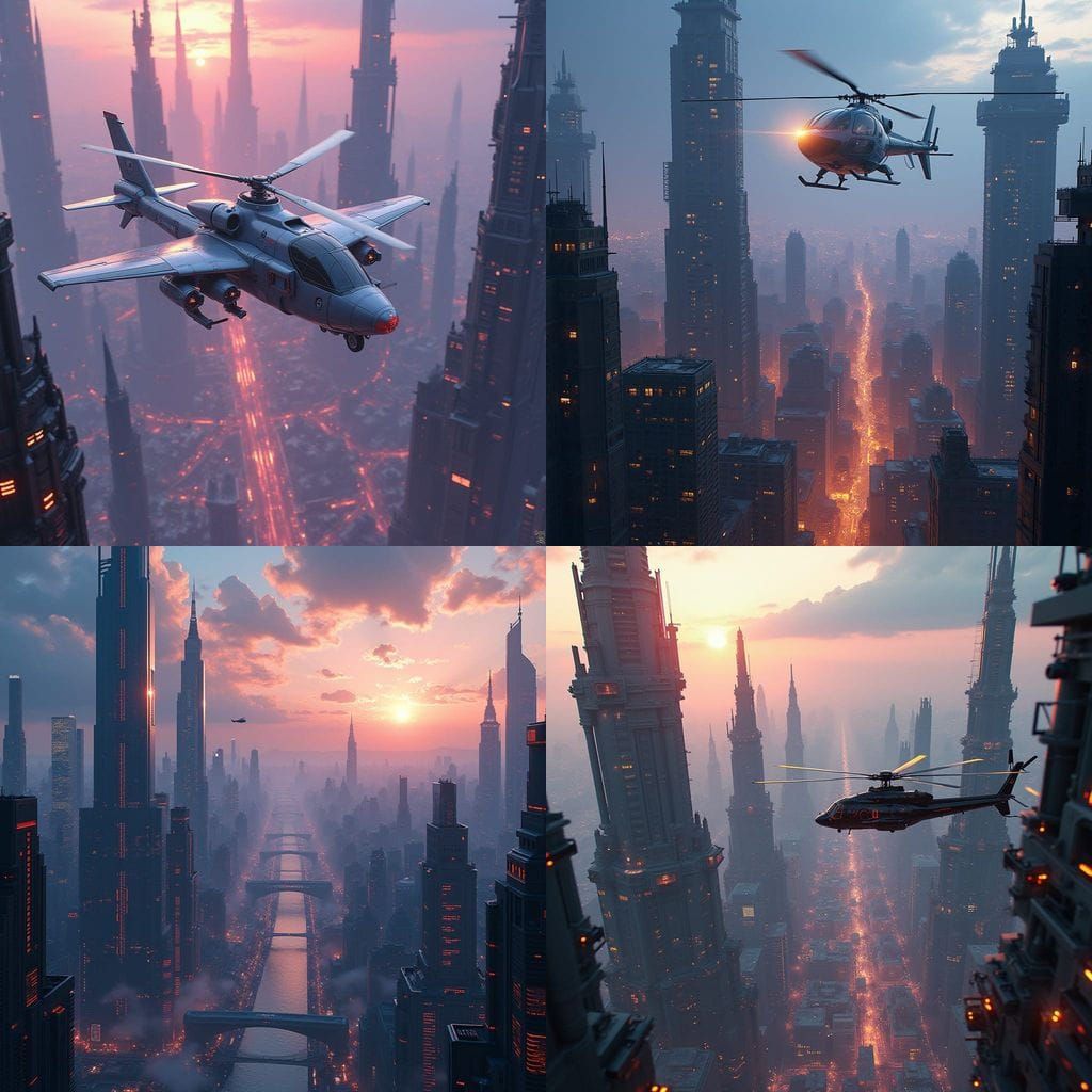 Futuristic Metropolis with Helicopter in Flight