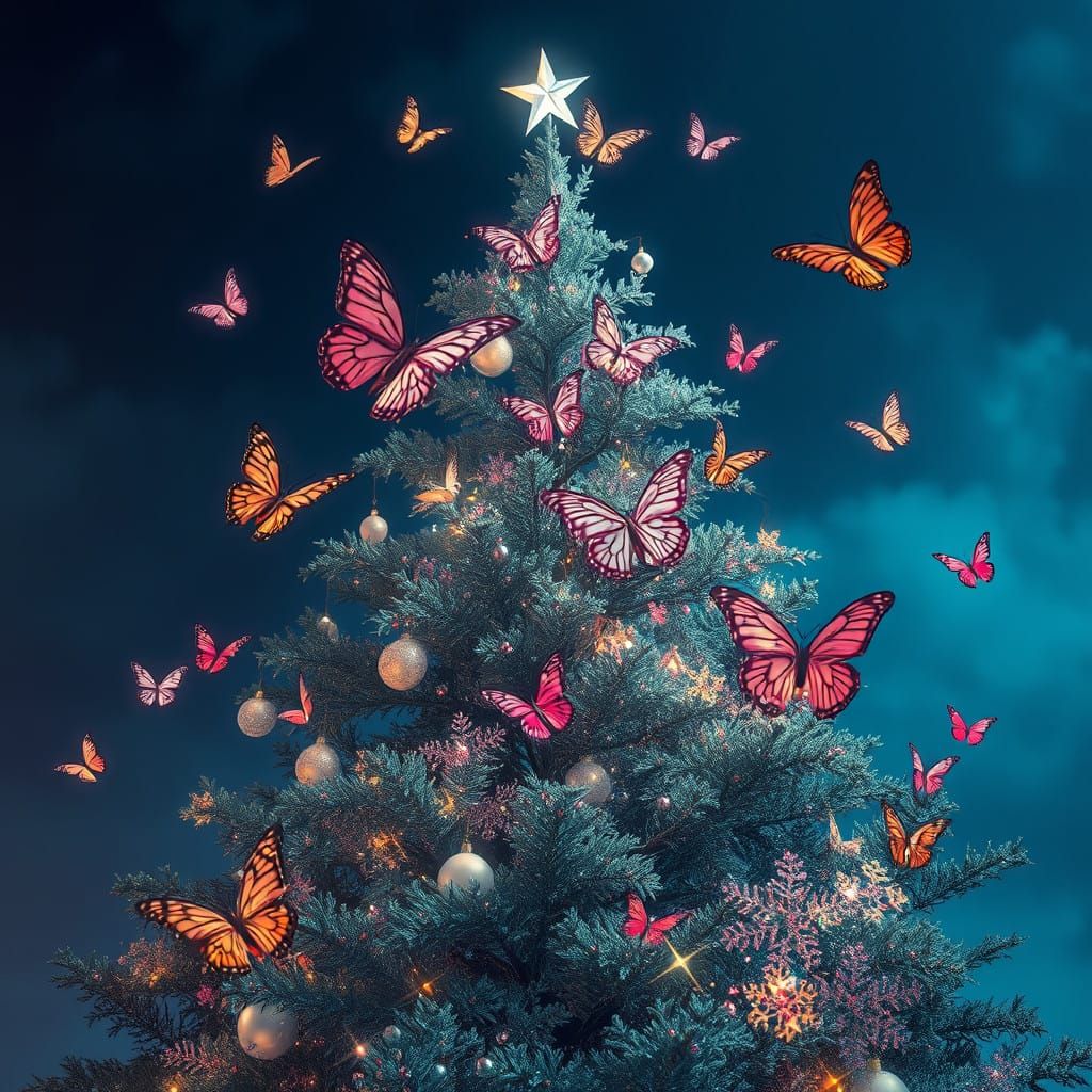 Mystical Butterflies Dance Around a Glittering Christmas Tre...