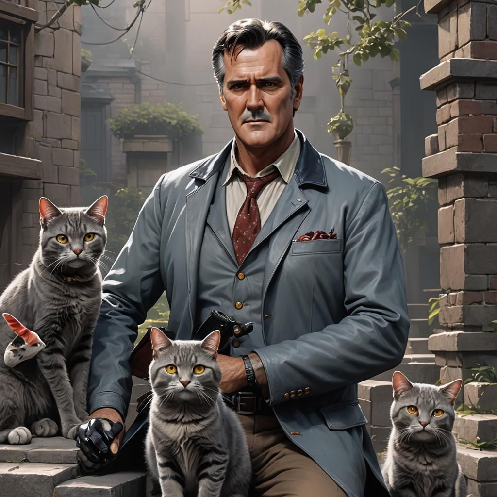 Bruce Campbell with Grey Cats in Anime Style
