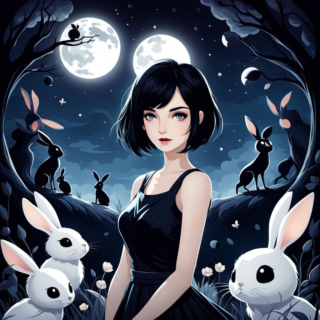 Girl with Rabbits and Moon, Hollow Knight Style