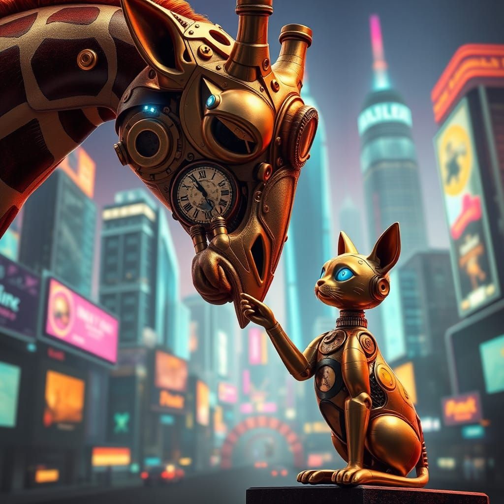 Clockwork Giraffe and Cat in Synthwave Cityscape