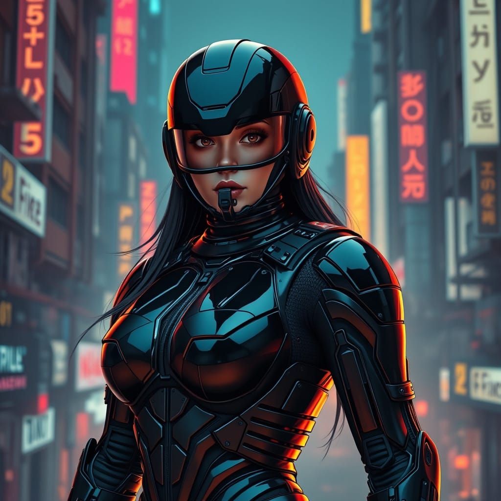 Hyper-realistic portrait of a beautiful Female RoboCop, in the British MI5