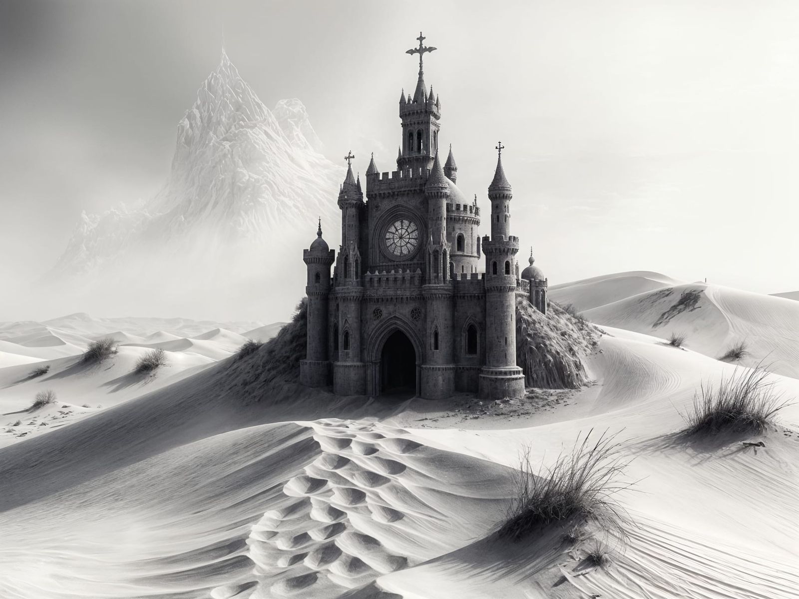 Gothic Sandcastle in Grayscale, Surreal Airbrush Art