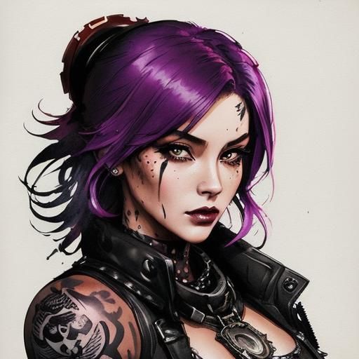 Punk Woman Portrait in Dystopian Ink Sketch