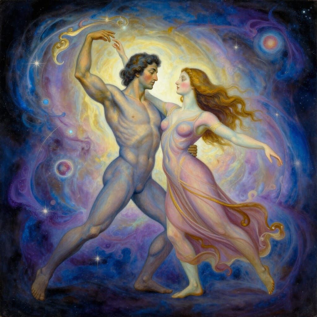 Masculine and Feminine Figures Merging in Celestial Dance