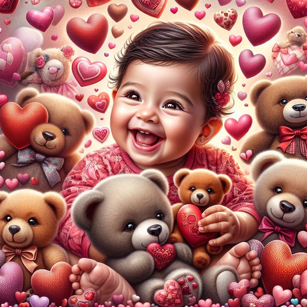 Joyful Baby Girl with Teddy Bears and Hearts