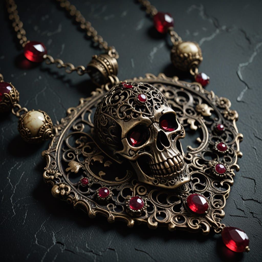 Macabre Baroque Jewelry with Rubies and Skull Fragments