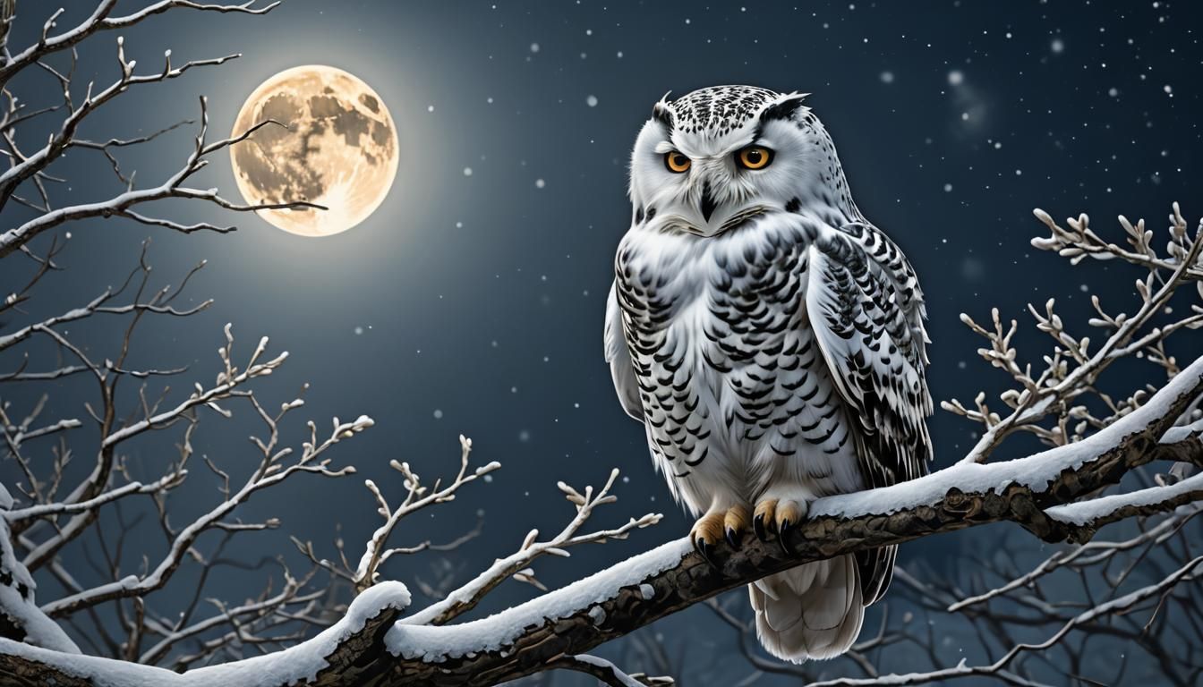 Snowy Owl Gazing at Moon in Baroque Digital Art