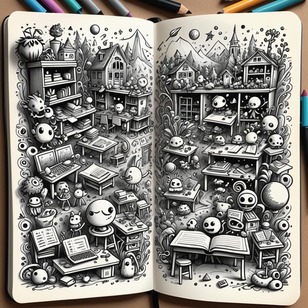 Chaotic Classroom Doodle Scene on Notebook Page