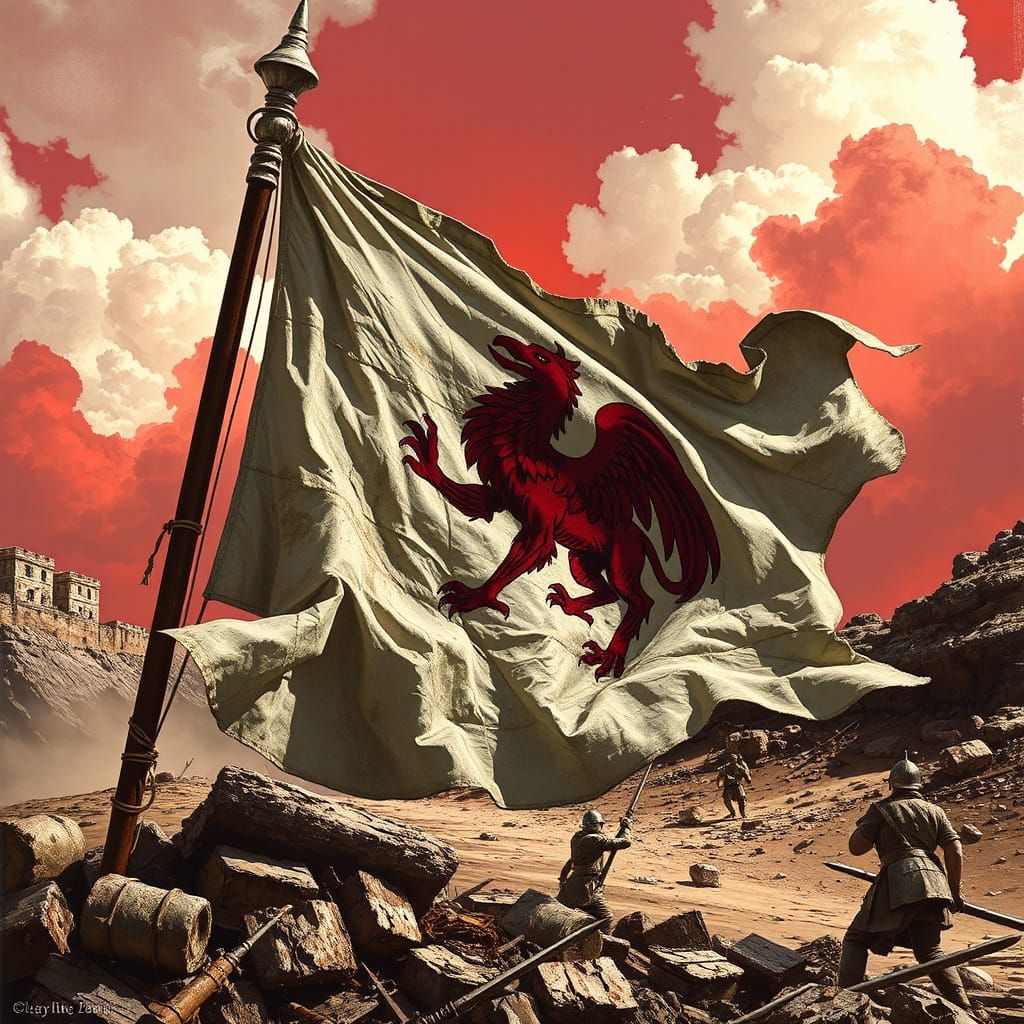 Rampart Griffin Flag Waves on Battlefield, Dramatic Art
