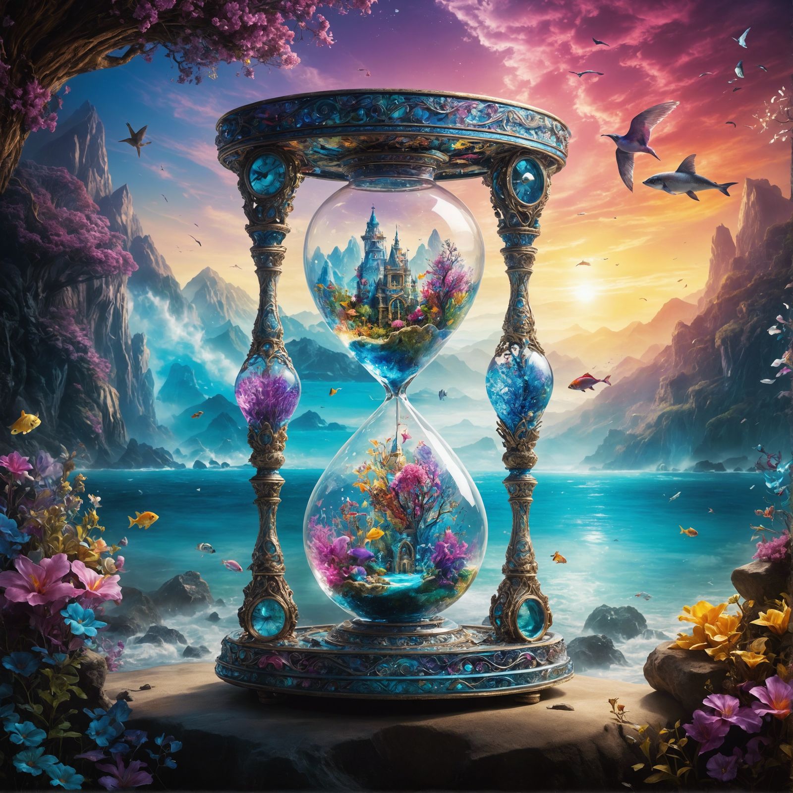 Ethereal Hourglass with Aquatic Scenes: A Dark Fantasy Conce...