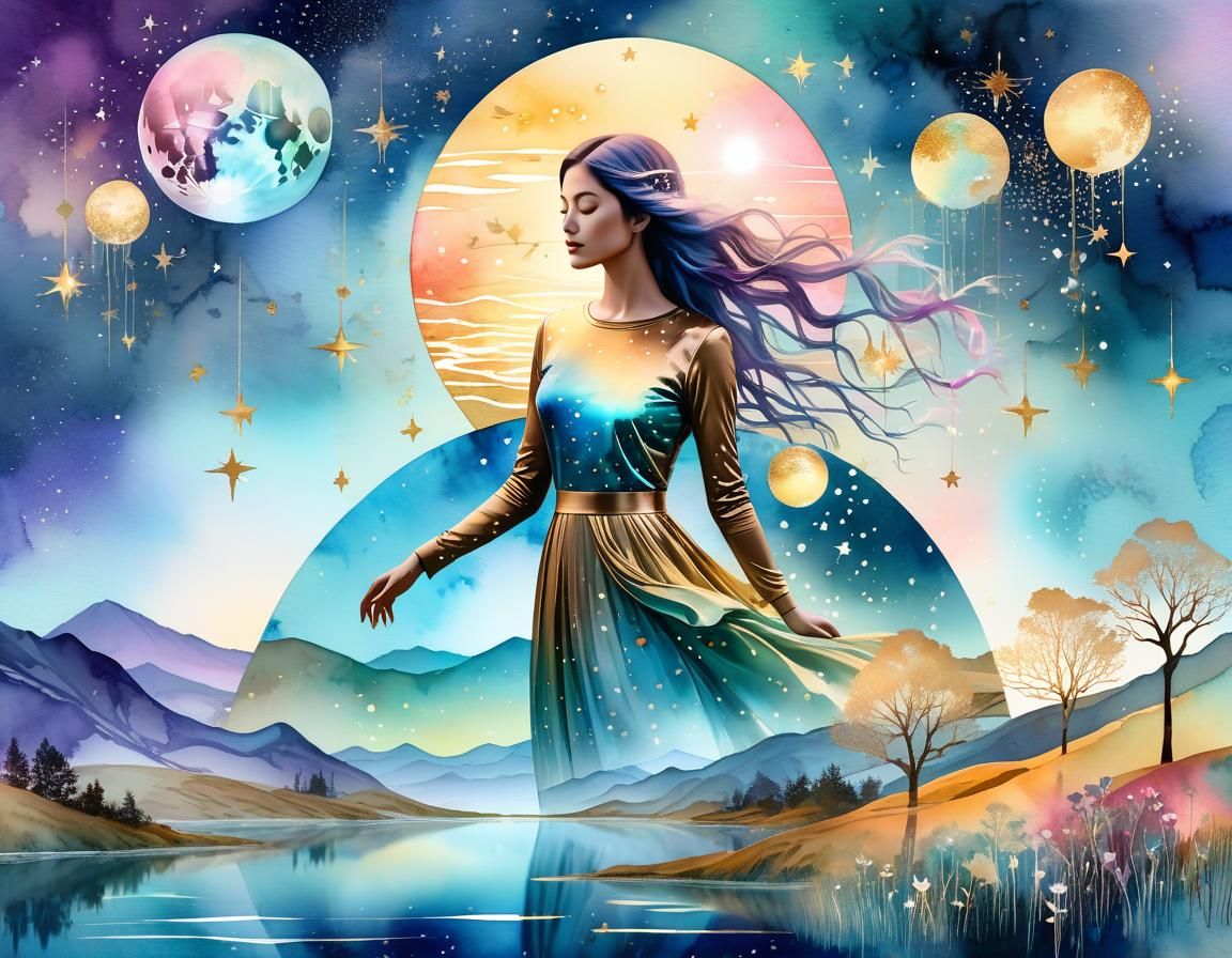 Goddess Laka in Watercolor Fantasy Landscape
