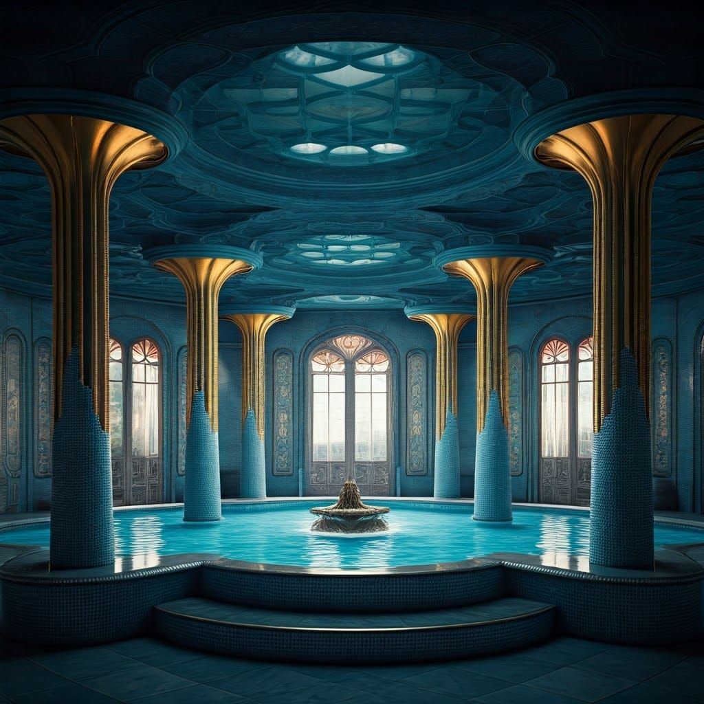 Futuristic Luxury Bathhouse in Indigo and Gold