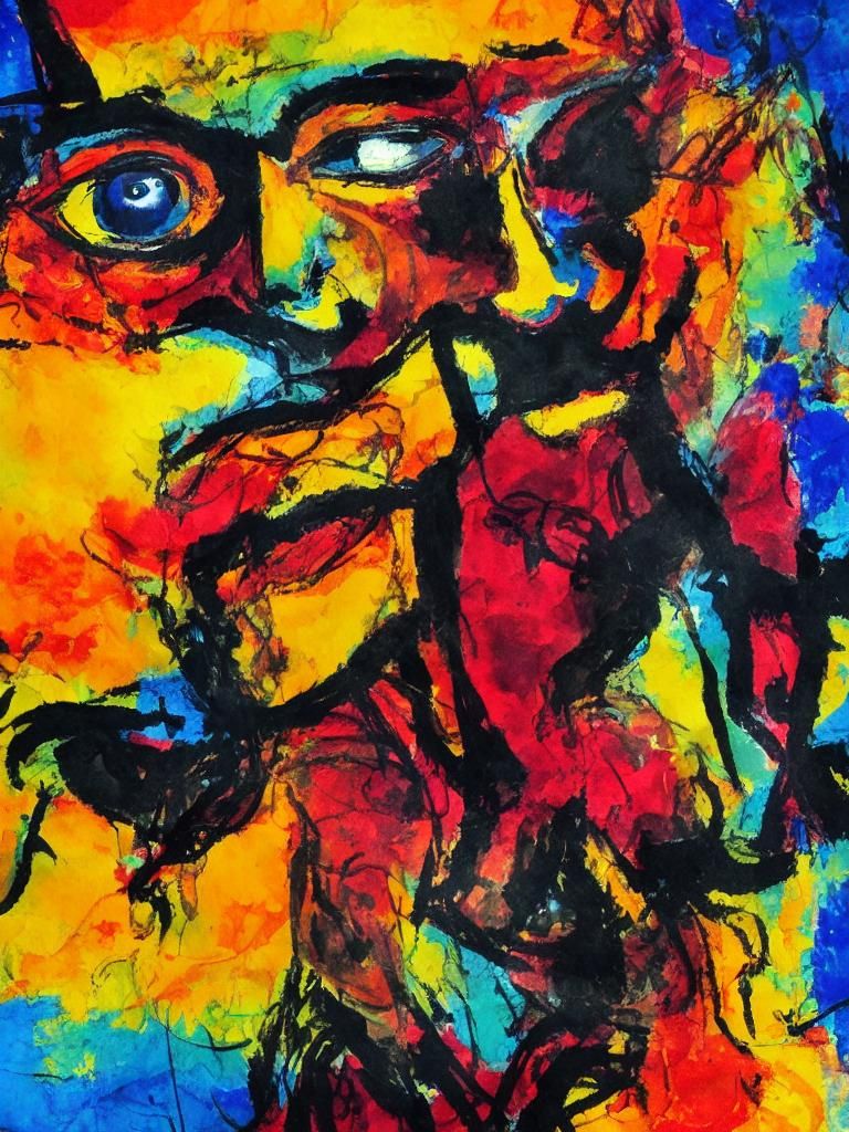 Fiery-Eyed Demon Portrait in Gouache Watercolor