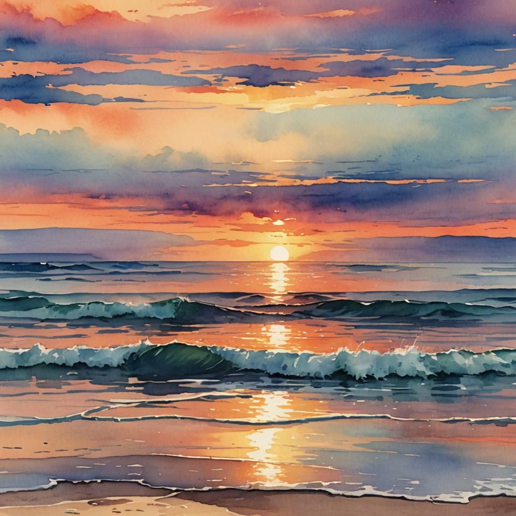 Beach Sunset in Digital Watercolor Illustration