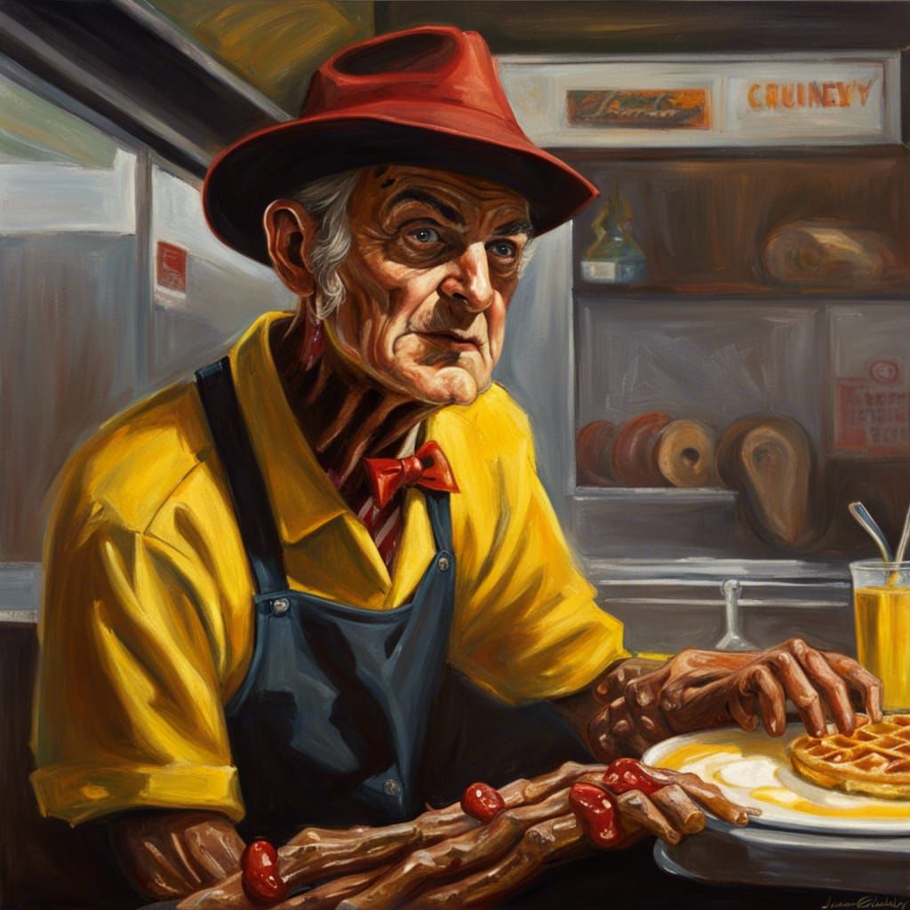 Freddy Kruger at Waffle House as Oil Painting