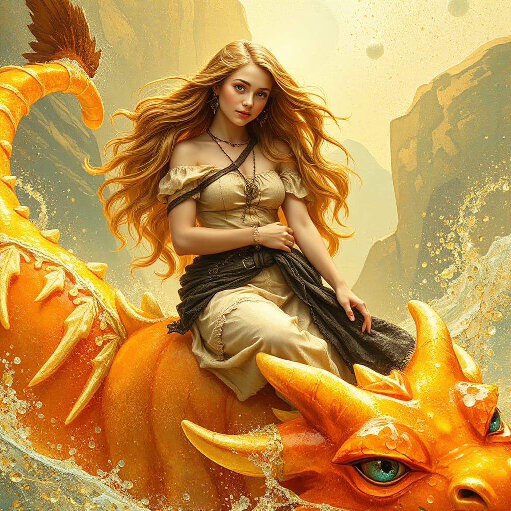 Woman on Gummy Dragon in Effervescent Soda Sea