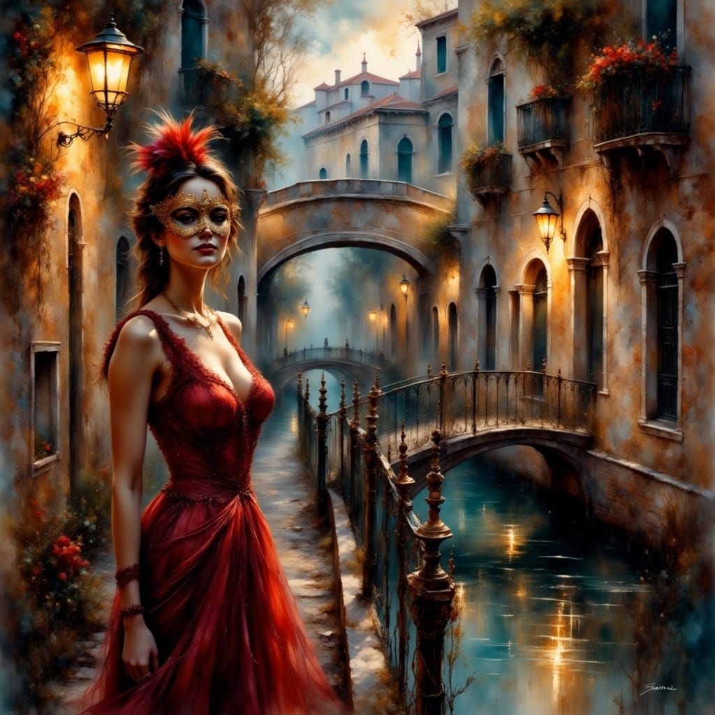Venetian Masked Woman at Twilight: Hyperrealistic Illustrati...