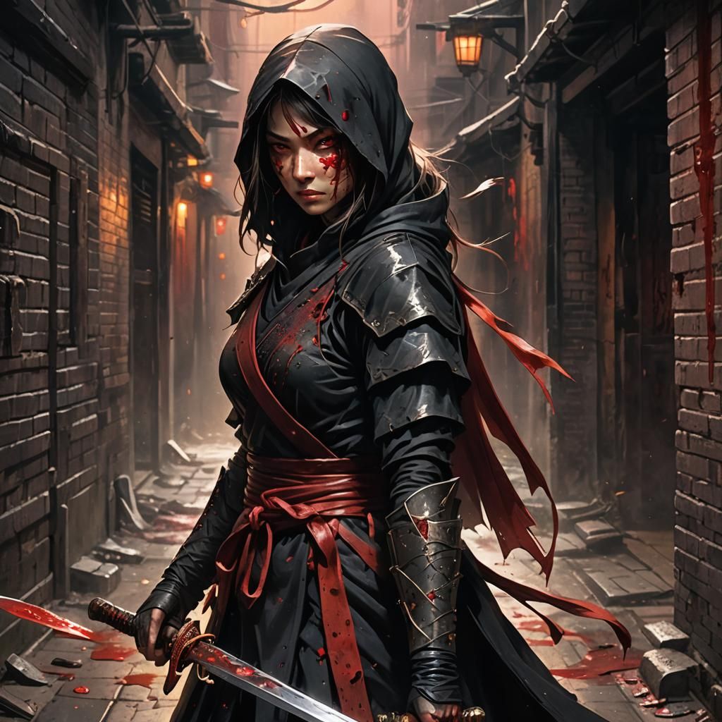 Bloody Ninja in Dark Alleyway Illustration