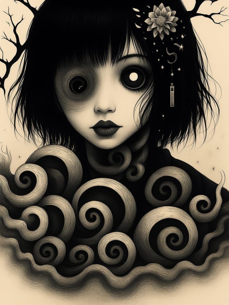 Creepy Uzumaki Portrait in Japanese Black and White Horror S...
