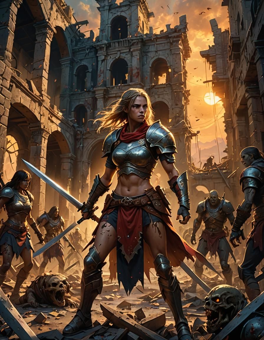 Female Warrior Facing Zombie Horde in Matte Painting
