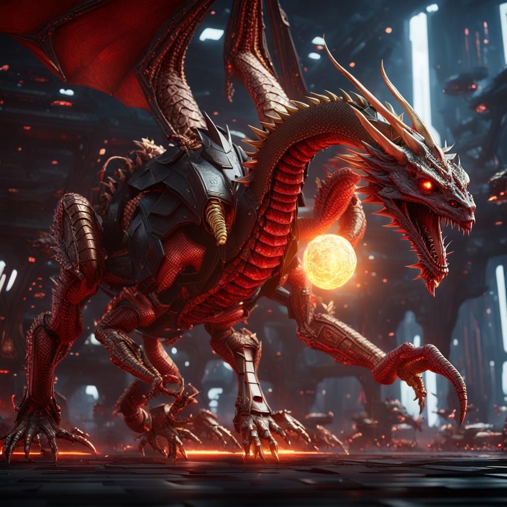 Cybernetic Gold Dragon Versus Sith in Sci-Fi Battle