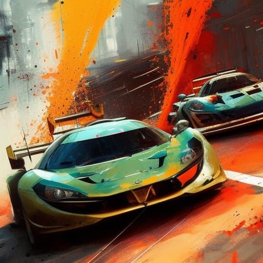 High-Speed Race Cars in Orange Speedpaint Style