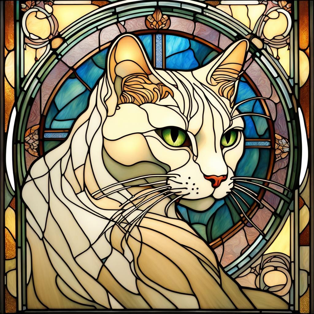 Art Nouveau Stained Glass Cat in Style of Mucha