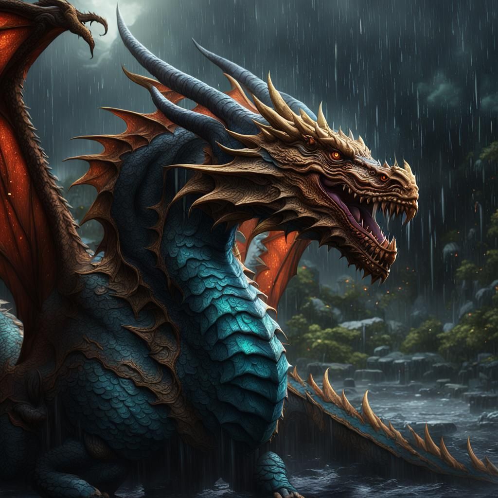 Fantastical Dragon in Rain: Detailed Matte Painting