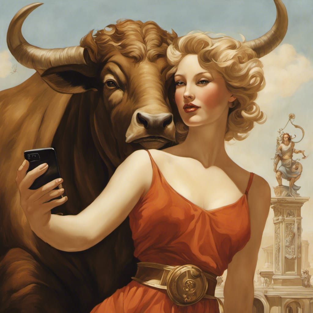 Girl's Selfie with Minotaur in Symbolic Realism Style