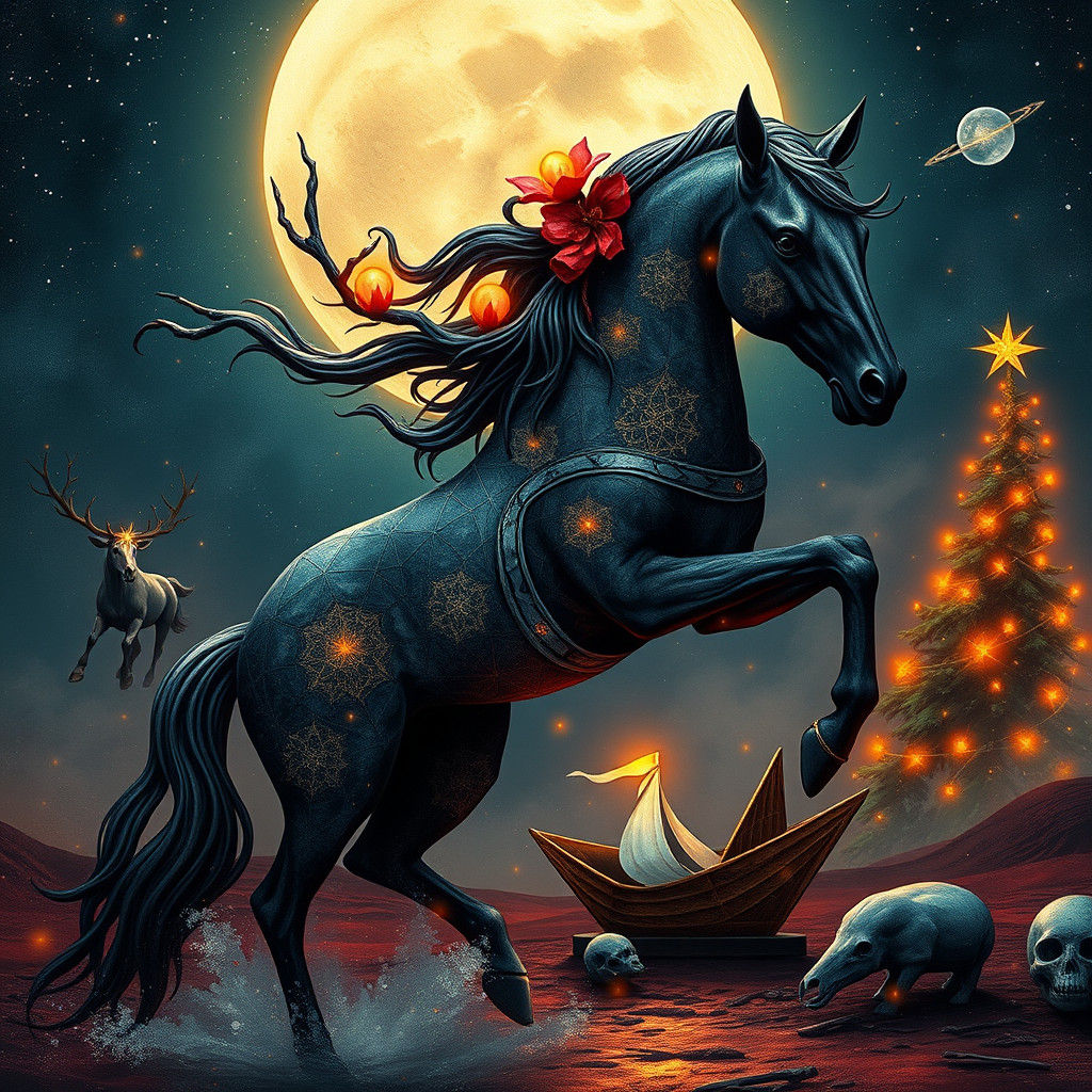 Hyperrealistic Horse Christmas in Klimt-Inspired Synthwave S...