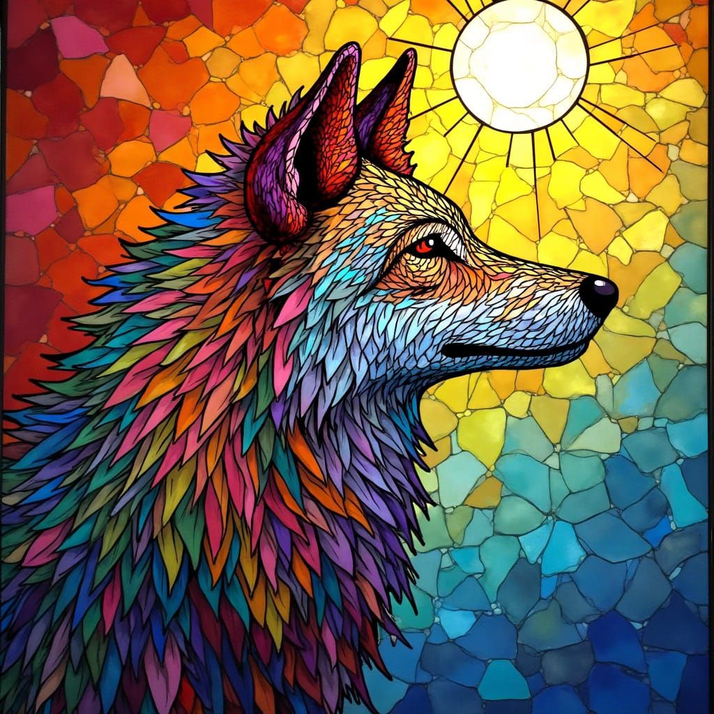 Rainbow Stained Glass Wolf in Mystical Style