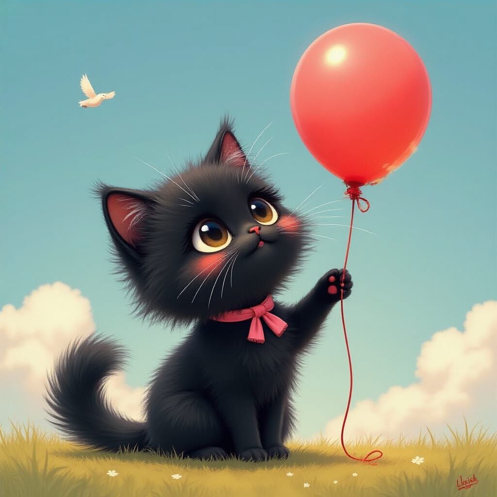 Black Cat's Whimsical Balloon Encounter: Animated Style