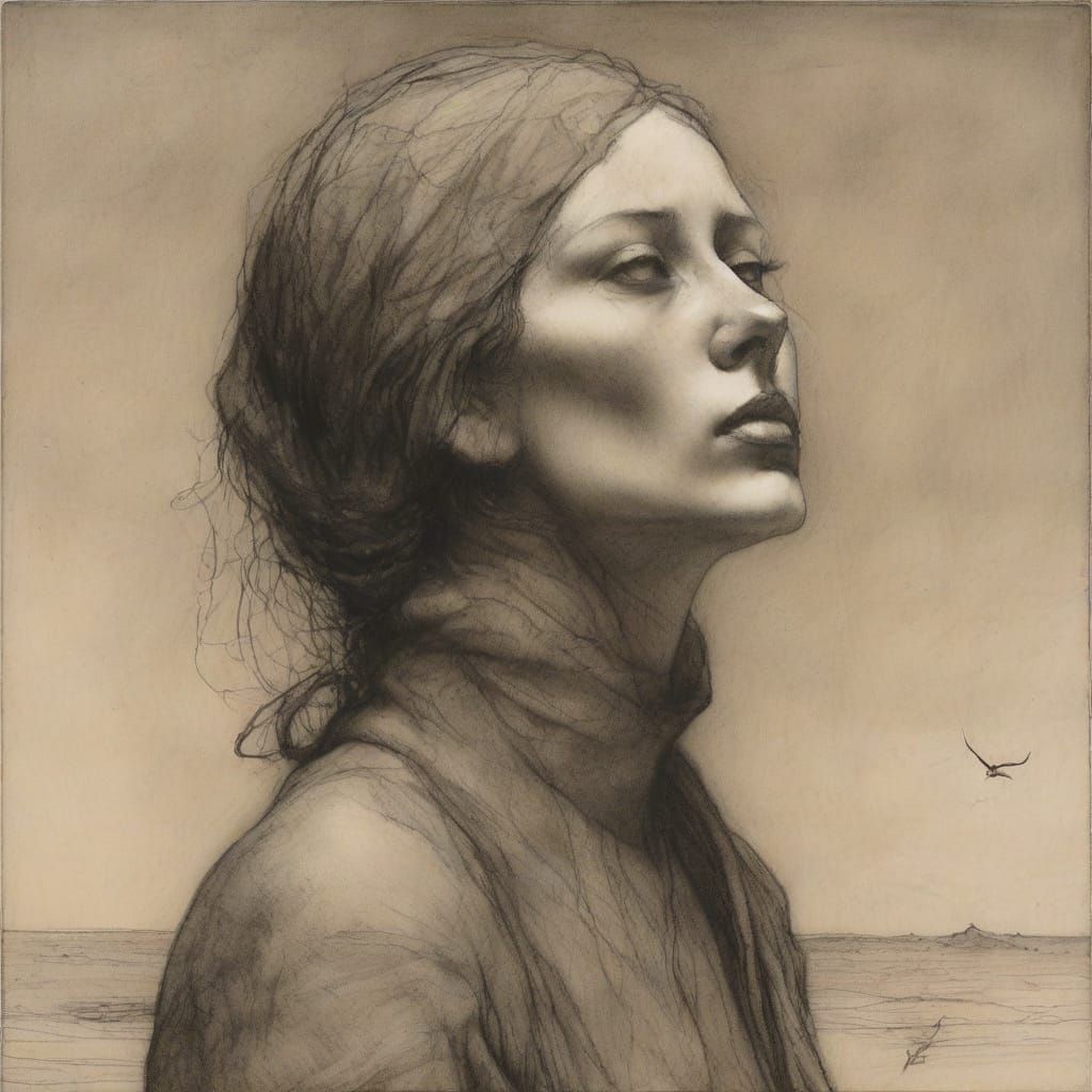 Impressionist Sepia Charcoal Portrait of a Woman