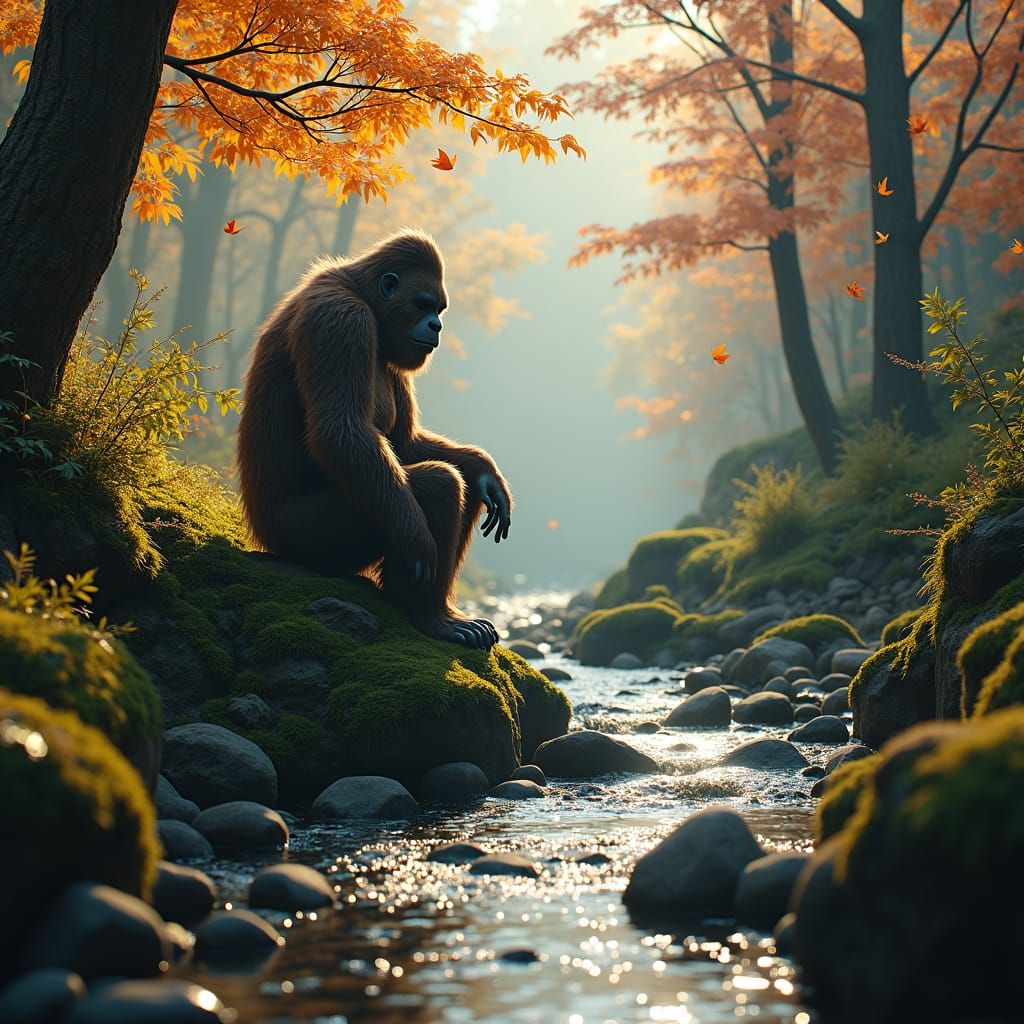 Sasquatch in Autumn Creek: Digital Matte Painting