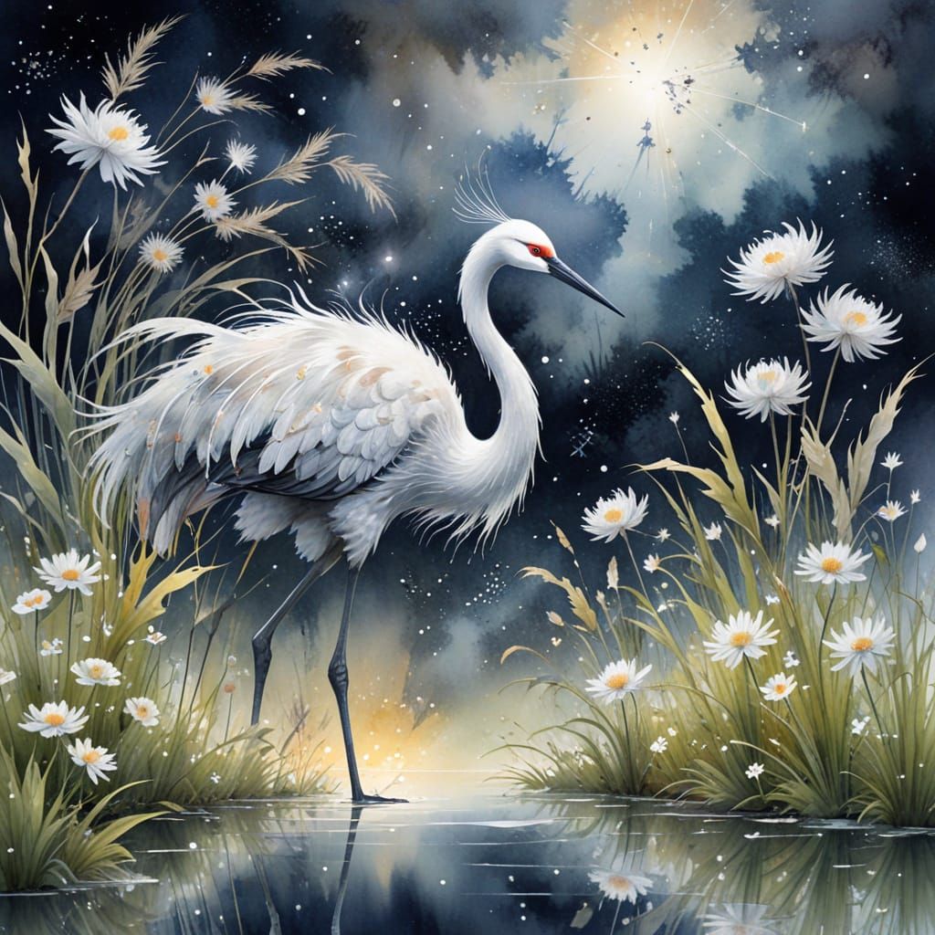 Graceful Crane Dances in Surreal Watercolor