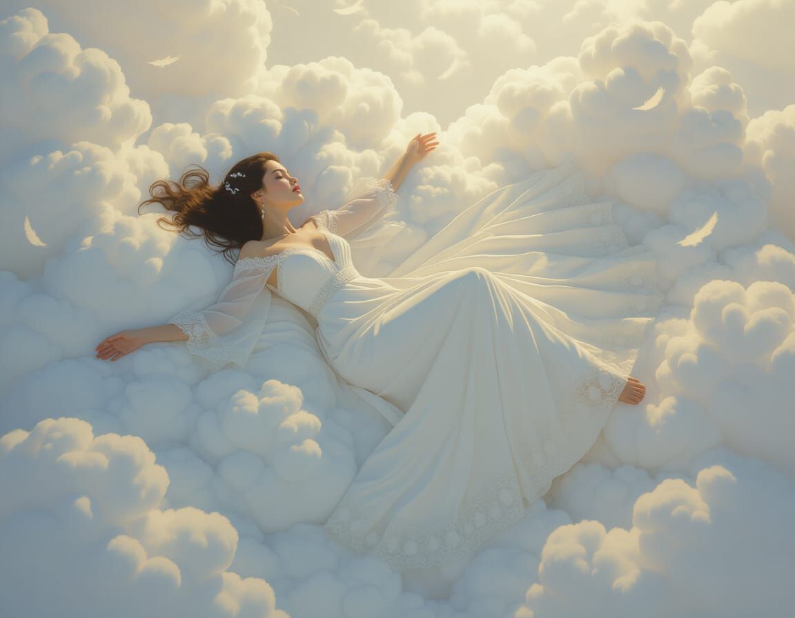 Woman in White Gown Falls From Sky Amidst Clouds