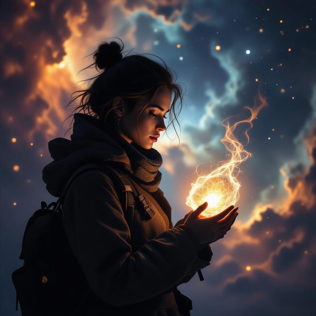 Explorer Silhouette in Cosmic Nebula with Glowing Artifact