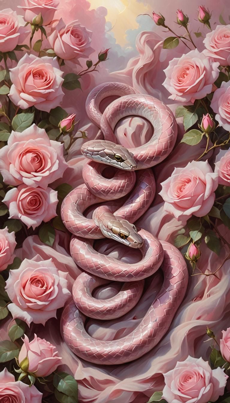 Pink Snake in Roses: Impressionist Oil Painting