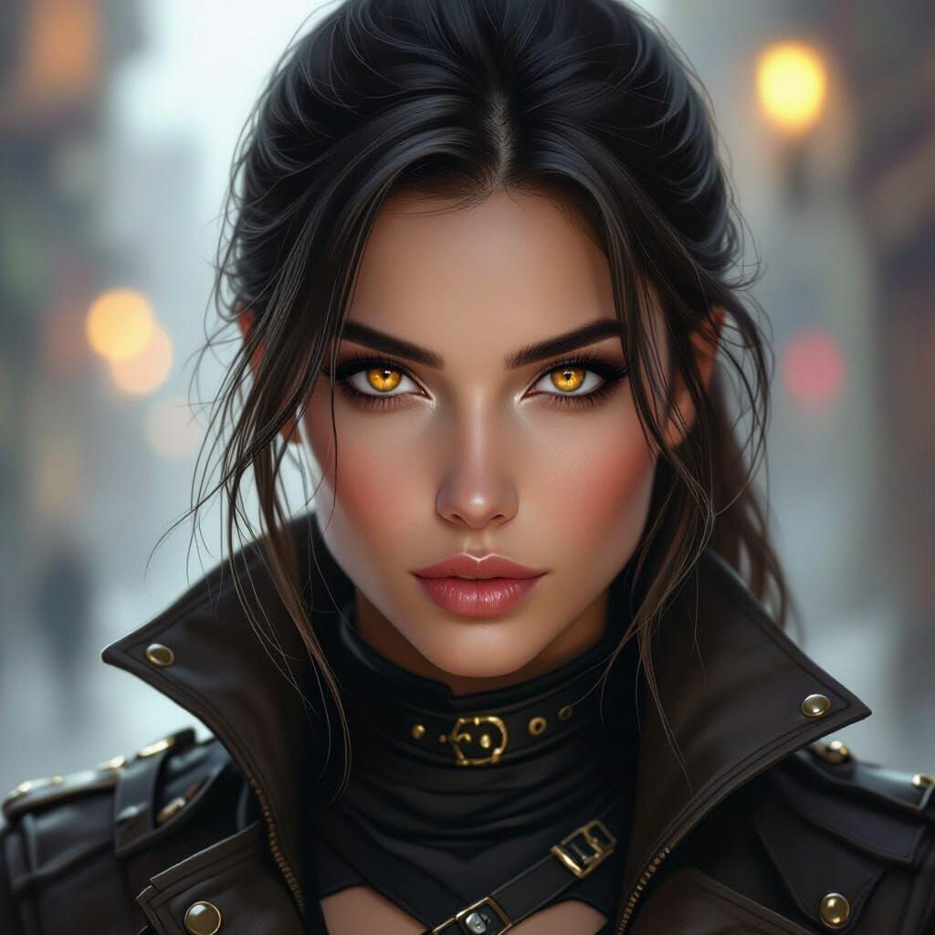Intense Amber Eyes: A Focused Assassin's Gaze