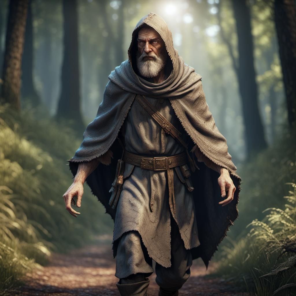 Old Hermit on Forest Trail: 3D Game Cinematic