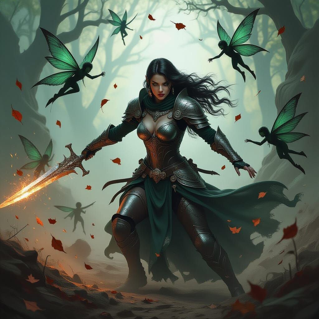 Elven Knight Battles Zombified Fairies in Dark Fantasy