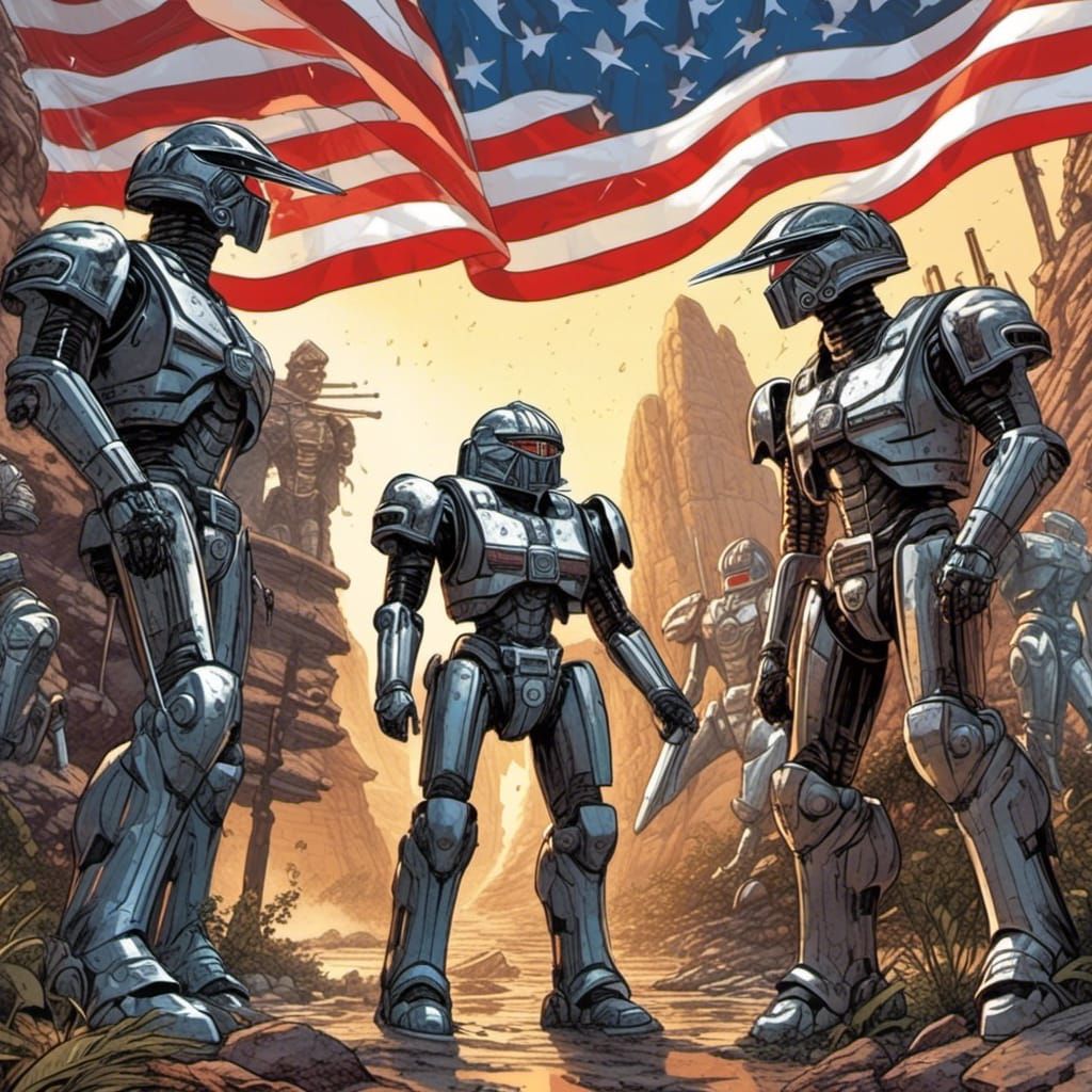<lora:Animation:1.0> Two Battlestar Galactica Cylon Centurians folding a U.S. flag. Mark Brooks and Dan Mumford, comic b...