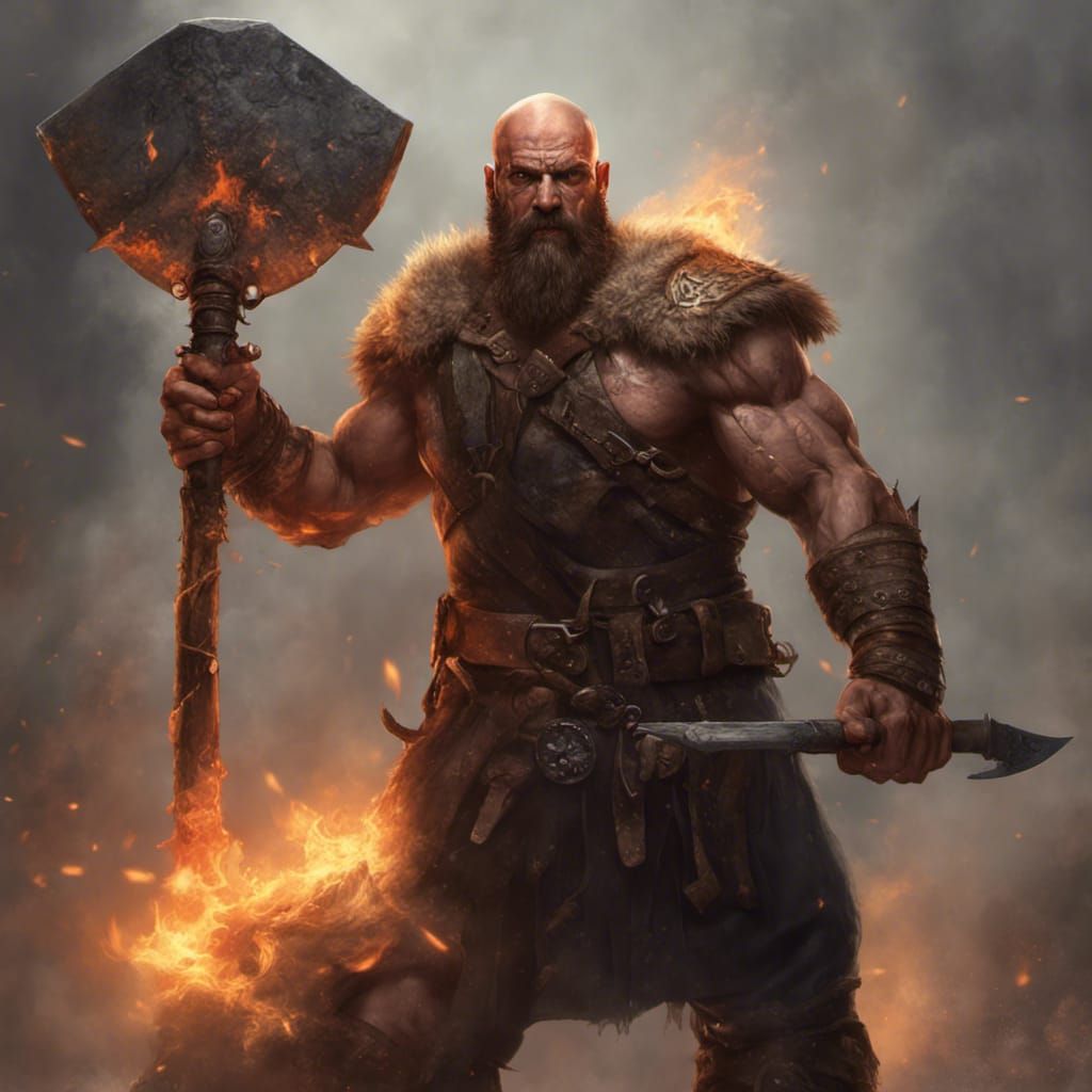 Barbarian Mercenary with Flame Axe: Dark Fantasy Art